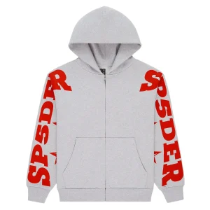 Sp5der Logo Sleeve Zip Hoodie Grey Red
